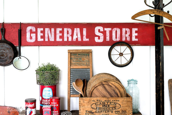 General Store by Funky Junk's Old Sign Stencils is a bold, timeless stencil that helps you design your own version of an antique store sign. Inspired by the thrill of the hunt in a store that has a little bit of everything, from farm supplies, sundries, gardening supplies, antiques and of course the best candy in town!