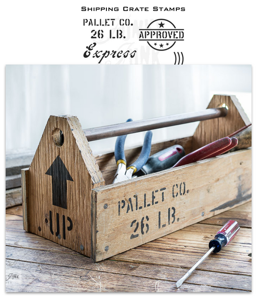 Love the rustic-vibe of pallet wood?  Recreate a wooden pallet vibe on any of your DIY projects with this easy-to-use Shipping Crates Stamps stencil by Funky Junk's Old Sign Stencils!  This pallet stencil design resembles pallet wood markings using a true stencil font that includes: Fragile Handle With Care, Up with arrow, Pallet Co., Express and more.