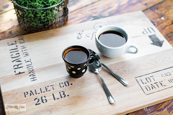 Love the rustic-vibe of pallet wood?  Recreate a wooden pallet vibe on any of your DIY projects with this easy-to-use Shipping Crates Stamps stencil by Funky Junk's Old Sign Stencils!  This pallet stencil design resembles pallet wood markings using a true stencil font that includes: Fragile Handle With Care, Up with arrow, Pallet Co., Express and more.