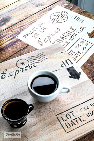 Love the rustic-vibe of pallet wood?  Recreate a wooden pallet vibe on any of your DIY projects with this easy-to-use Shipping Crates Stamps stencil by Funky Junk's Old Sign Stencils!  This pallet stencil design resembles pallet wood markings using a true stencil font that includes: Fragile Handle With Care, Up with arrow, Pallet Co., Express and more.