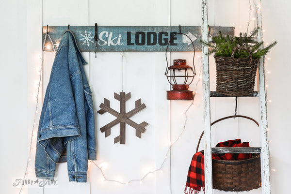 Ski Lodge by Funky Junk's Old Sign Stencils. Paint professional looking winter themed ski lodge signs onto reclaimed wood in minutes with this design! Team with Winter Graphics for whimsical snowflakes!