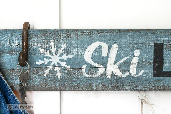 Ski Lodge by Funky Junk's Old Sign Stencils. Paint professional looking winter themed ski lodge signs onto reclaimed wood in minutes with this design! Team with Winter Graphics for whimsical snowflakes!