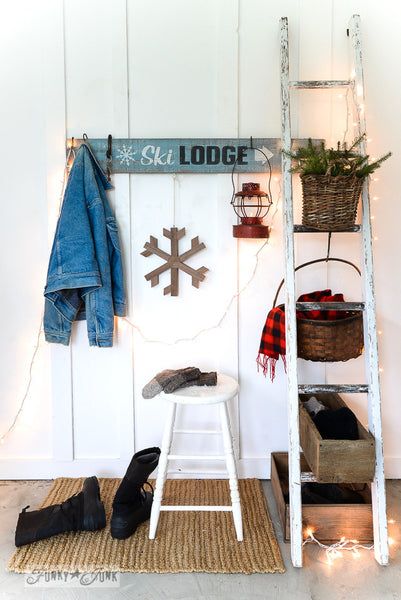 Ski Lodge by Funky Junk's Old Sign Stencils. Paint professional looking winter themed ski lodge signs onto reclaimed wood in minutes with this design! Team with Winter Graphics for whimsical snowflakes!