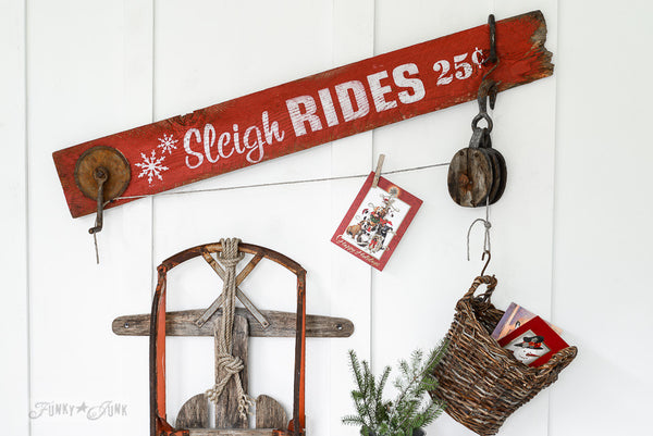 Snowflakes added to a festive Sleigh Rides sign with Winter Graphics by Funky Junk's Old Sign Stencils. Paint professional looking winter themed designs consisting of 3 sizes of snowflakes, hot cocoa, 2 arrows, and 25 cents this stencil! All designs on one sheet.