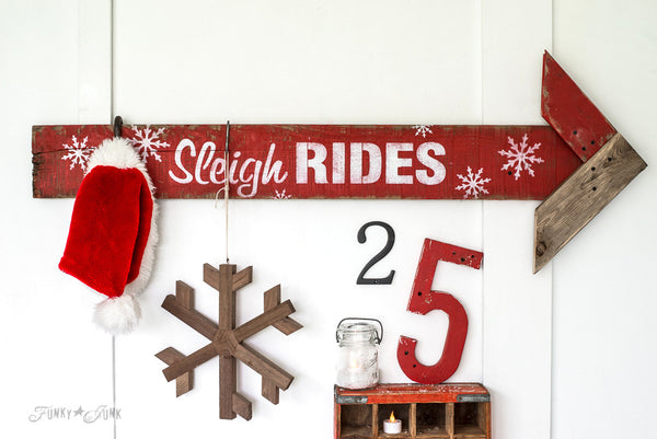 Snowflakes added to a festive Sleigh Rides sign with Winter Graphics by Funky Junk's Old Sign Stencils. Paint professional looking winter themed designs consisting of 3 sizes of snowflakes, hot cocoa, 2 arrows, and 25 cents this stencil! All designs on one sheet.