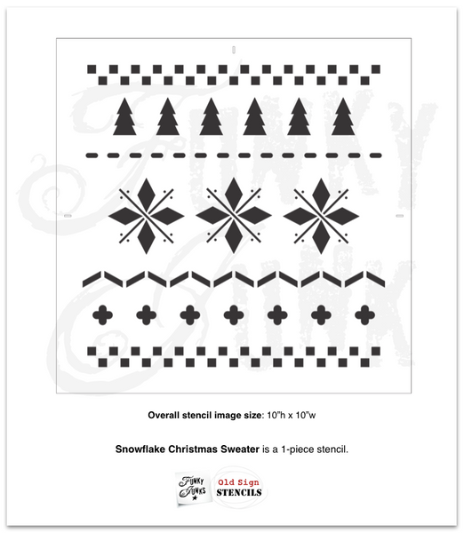 Snowflake Christmas Sweater stencil by Funky Junk's Old Sign Stencils is a repeating Christmas pattern stencil that resembles a real sweater! Images include snowflakes, Christmas trees and various stitch images. Perfectly sized to create cozy Christmas pillows, stencil furniture, or add patterns to other stencils.