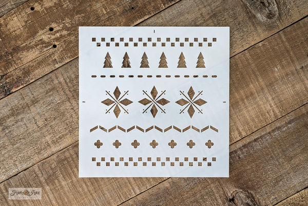 Snowflake Christmas Sweater stencil by Funky Junk's Old Sign Stencils is a repeating Christmas pattern stencil that resembles a real sweater! Images include snowflakes, Christmas trees and various stitch images. Perfectly sized to create cozy Christmas pillows, stencil furniture, or add patterns to other stencils.
