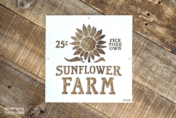 Sunflower Farm stencils by Funky Junk's Old Sign Stencils are fall-themed stencils in 2 sizes. Small includes a sunflower, 25 cents & 'pick your own', that fit crates, throw pillows or smaller fall projects. Large vertical includes a tall sunflower stalk growing inside a rustic crate sized for a vertical porch sign.
