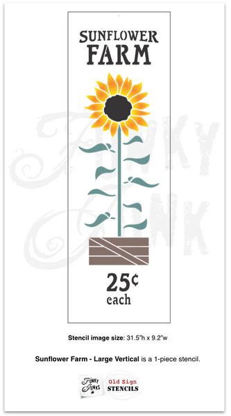 Sunflower Farm stencils by Funky Junk's Old Sign Stencils are fall-themed stencils in 2 sizes. Small includes a sunflower, 25 cents & 'pick your own', that fit crates, throw pillows or smaller fall projects. Large vertical includes a tall sunflower stalk growing inside a rustic crate sized for a vertical porch sign.