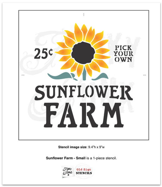 Sunflower Farm stencils by Funky Junk's Old Sign Stencils are fall-themed stencils in 2 sizes. Small includes a sunflower, 25 cents & 'pick your own', that fit crates, throw pillows or smaller fall projects. Large vertical includes a tall sunflower stalk growing inside a rustic crate sized for a vertical porch sign.
