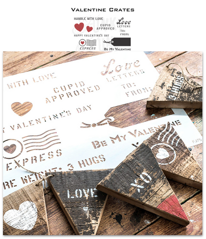 Valentine Crates is a single stencil with various Valentine's Day messages, all inspired by shipping crates! Perfect for adding a touch of love to any project or creating a fun crate-themed background. Get creative and write your own sweet nothings with this charming stencil design.