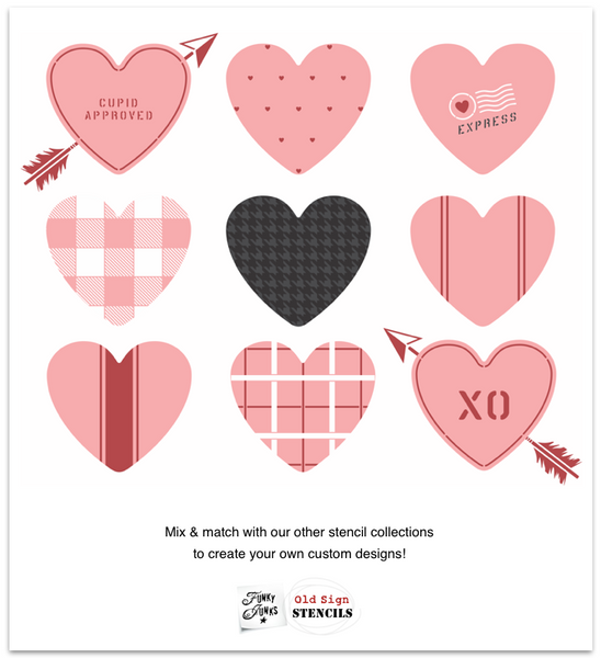 Mix & match patterns with hearts to create your own custom Valentine's Day themed designs with Funky Junk's Old Sign Stencils! 