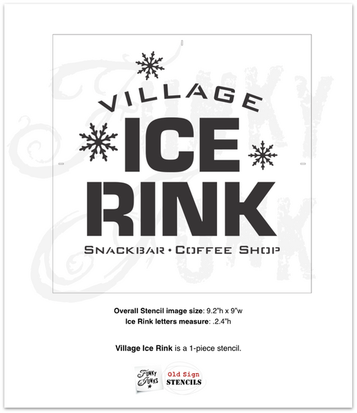 Village Ice Rink Christmas and winter stencil by Funky Junk's Old Sign Stencils offers images of ice skating the day away! Includes a bold Ice Rink title with Village, Snackbar and Coffee Shop subtext along with falling snowflakes for a perfect winter vibe. Design suits ice skating, figure skating and playing hockey.