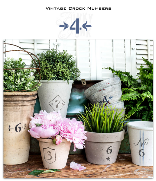 If you too adore the look and esthetic of antique crocks, the Vintage Crock Numbers stencil will be used often!  This stencil design hosts numbers from 0-9, with decorative borders mimicking authentic vintage crock numbers.  Simply position the numbers on any plant pot or DIY project to get this vintage look!