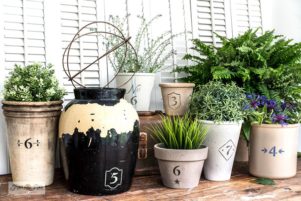 If you too adore the look and esthetic of antique crocks, the Vintage Crock Numbers stencil will be used often!  This stencil design hosts numbers from 0-9, with decorative borders mimicking authentic vintage crock numbers.  Simply position the numbers on any plant pot or DIY project to get this vintage look!