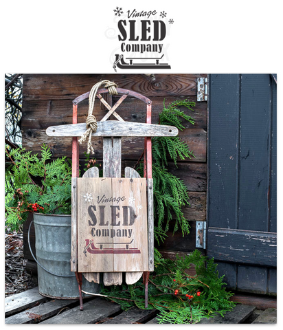 Vintage Sled Company by Funky Junk's Old Sign Stencils is a winter and Christmas stencil designed to decorate your own smaller sleds or taller toboggans! 2 sizes to choose from, both designed with bold text, falling snowflakes, and a vintage sled graphic with a pull rope and sleigh bell.