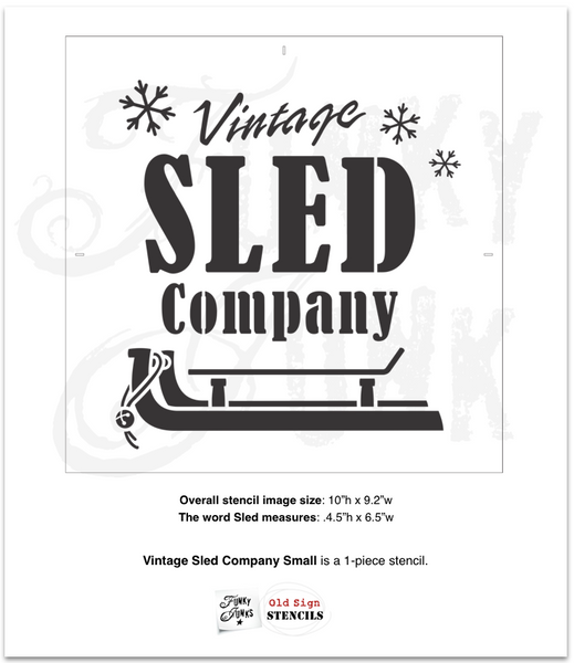 Vintage Sled Company by Funky Junk's Old Sign Stencils is a winter and Christmas stencil designed to decorate your own smaller sleds or taller toboggans! 2 sizes to choose from, both designed with bold text, falling snowflakes, and a vintage sled graphic with a pull rope and sleigh bell.