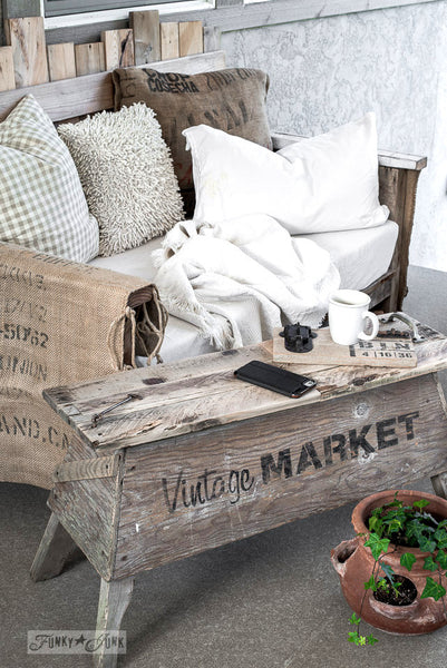Vintage Market sawhorse coffee table, part of Market Extensions by Funky Junk's Old Sign Stencils. Paint professional looking vintage farmhouse styled market signs with Vintage, Super, Flower and Flea.