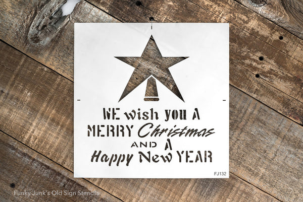 We Wish You A Merry Christmas stencil by Funky Junk's Old Sign Stencils is a Christmas stencil designed with the message styled in different casual rustic fonts, topped with a large Christmas tree star. Would be perfect for a Christmas front door mat or Christmas pillow design!