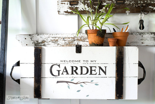 Welcome To My Garden by Funky Junk's Old Sign Stencils. Paint professional looking garden themed signs onto reclaimed wood in minutes with this summer infused stencil design complete with a whimsical branch graphic.