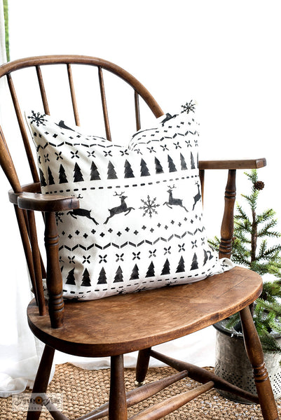 Christmas Sweater by Funky Junk's Old Sign Stencils is a repeating Christmas sweater pattern stencil that adds cozy festive charm to your painted projects! Designed with reindeer, a snowflake, trees and stitching patterns for an authentic sweater look. Sized in a square shape perfect for throw pillows.