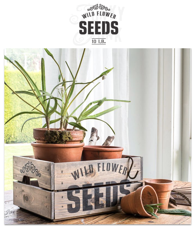 Wild Flower Seeds 10 LB garden stencil by Funky Junk's Old Sign Stencils celebrates all things garden, crate or grain sack style! Big, bold timeless letters with a decorative flourish. Compact for smaller garden projects.