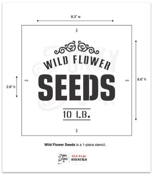 Wild Flower Seeds 10 LB garden stencil by Funky Junk's Old Sign Stencils celebrates all things garden, crate or grain sack style! Big, bold timeless letters with a decorative flourish. Compact for smaller garden projects.