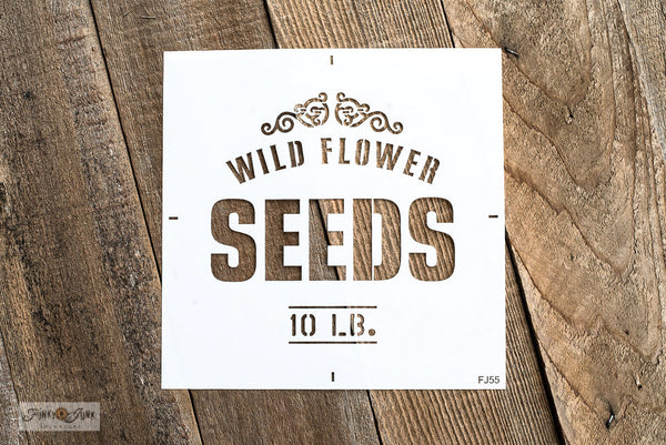 Wild Flower Seeds 10 LB garden stencil by Funky Junk's Old Sign Stencils celebrates all things garden, crate or grain sack style! Big, bold timeless letters with a decorative flourish. Compact for smaller garden projects.