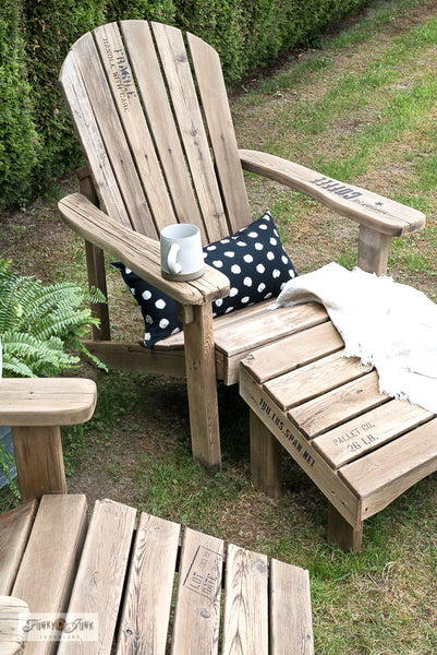 Add pallet details to adirondack chairs or any wood project with the Shipping Crate Stamps stencil by Funky Junk's Old Sign Stencils!