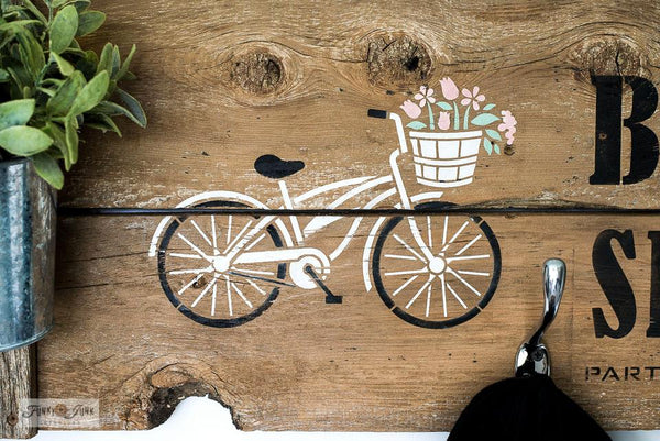 The Bike Collection stencils by Funky Junk's Old Sign Stencils offers many unique ways to customize! Includes an adaptable bike (male / female / sports / cruiser), bike basket, crate, dog, cat, flowers, and various bike sayings such as Bike the Trails, Cruise the Trails, Mountain Biking, Bike Path, and Cycling Tours.