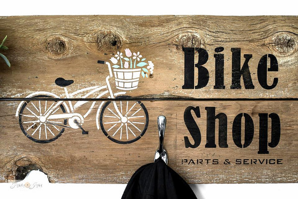 The Bike Collection stencils by Funky Junk's Old Sign Stencils offers many unique ways to customize! Includes an adaptable bike (male / female / sports / cruiser), bike basket, crate, dog, cat, flowers, and various bike sayings such as Bike the Trails, Cruise the Trails, Mountain Biking, Bike Path, and Cycling Tours.