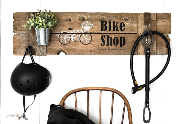 The Bike Collection stencils by Funky Junk's Old Sign Stencils offers many unique ways to customize! Includes an adaptable bike (male / female / sports / cruiser), bike basket, crate, dog, cat, flowers, and various bike sayings such as Bike the Trails, Cruise the Trails, Mountain Biking, Bike Path, and Cycling Tours.