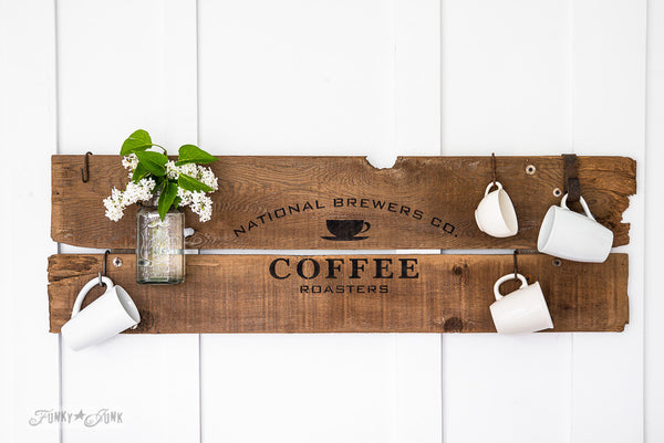 National Brewers Coffee stencil by Funky Junk's Old Sign Stencils is a coffee-themed stencil with a true coffee shop vibe! Styled around a vintage crate, this design includes a coffee cup graphic. Available in 2 sizes, perfect for small or larger rustic coffee signs.