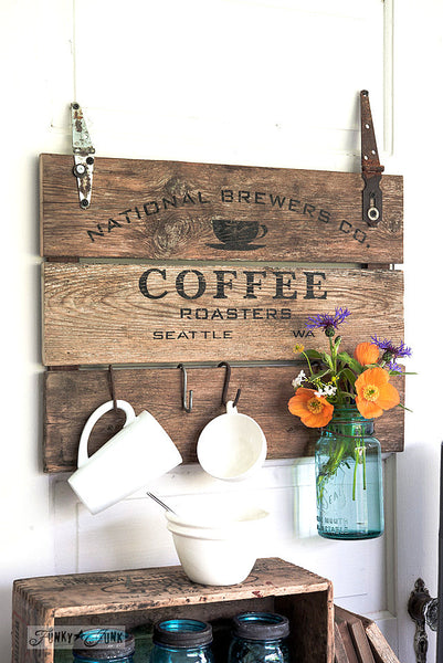 National Brewers Coffee stencil by Funky Junk's Old Sign Stencils is a coffee-themed stencil with a true coffee shop vibe! Styled around a vintage crate, this design includes a coffee cup graphic. Available in 2 sizes, perfect for small or larger rustic coffee signs.