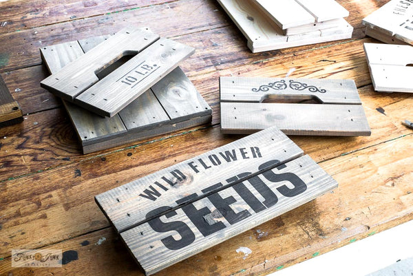 Wild Flower Seeds 10 LB garden stencil by Funky Junk's Old Sign Stencils celebrates all things garden, crate or grain sack style! Big, bold timeless letters with a decorative flourish. Compact for smaller garden projects.