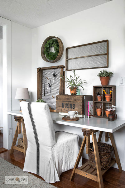 Stencil Grain Sack Stripes onto a white slipcovered Ikea chair to get this charming farmhouse look! By Funky Junk's Old Sign Stencils.