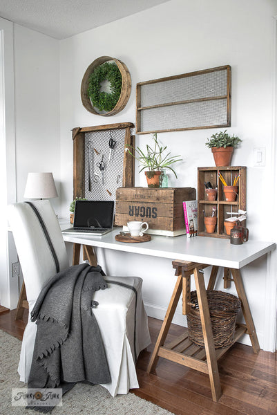 Stencil Grain Sack Stripes onto a white slipcovered Ikea chair to get this charming farmhouse look! By Funky Junk's Old Sign Stencils.