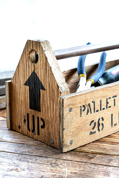 Love the rustic-vibe of pallet wood?  Recreate a wooden pallet vibe on any of your DIY projects with this easy-to-use Shipping Crates Stamps stencil by Funky Junk's Old Sign Stencils!  This pallet stencil design resembles pallet wood markings using a true stencil font that includes: Fragile Handle With Care, Up with arrow, Pallet Co., Express and more.