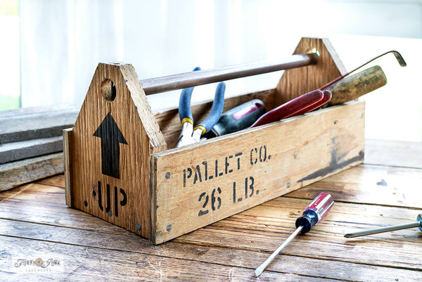 Love the rustic-vibe of pallet wood?  Recreate a wooden pallet vibe on any of your DIY projects with this easy-to-use Shipping Crates Stamps stencil by Funky Junk's Old Sign Stencils!  This pallet stencil design resembles pallet wood markings using a true stencil font that includes: Fragile Handle With Care, Up with arrow, Pallet Co., Express and more.