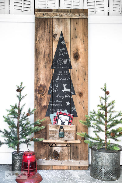 Learn how to make this charming rustic Christmas tree vertical sign using Tall Christmas Tree in Crate and Christmas Crates from Funky Junk's Old Sign Stencils!