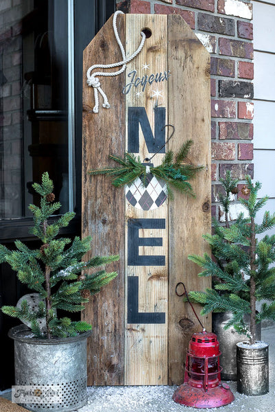 Stencil a rustic Joyeux Noel Christmas Sign with an Argyle ornament with Funky Junk's Old Sign Stencils!