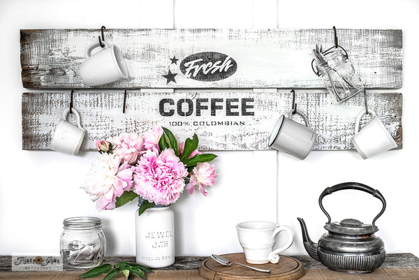 The Fresh Coffee stencil by Funky Junk's Old Sign Stencils celebrates our favorite beverage! Styled as a logo, this coffee stencil design looks fabulous stenciled as a crate stamp, sign, on pillow covers and fits perfectly on most smaller scaled projects.