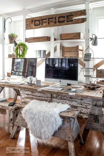 Make this large Office sign on reclaimed wood easily with a stencil, loaded with farmhouse charm using Funky Junk's Old Sign Stencils!