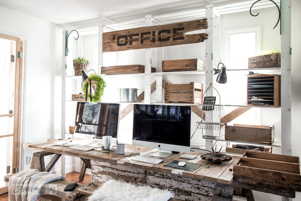 Make this large Office sign on reclaimed wood easily with a stencil, loaded with farmhouse charm using Funky Junk's Old Sign Stencils!