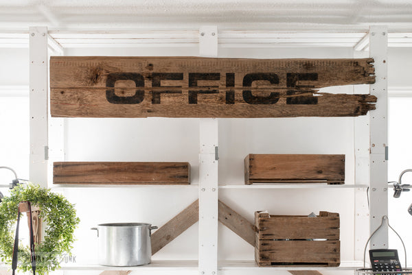 Make this large Office sign on reclaimed wood easily with a stencil, loaded with farmhouse charm using Funky Junk's Old Sign Stencils!