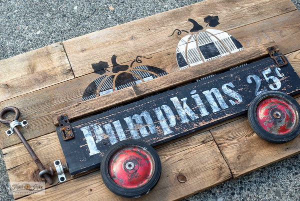 Learn how to create this charming Buffalo Checked pumpkin wagon using Pumpkins 25 Cents, Pumpkins and Buffalo Check from Funky Junk's Old Sign Stencils! Click to stencils and full tutorial.