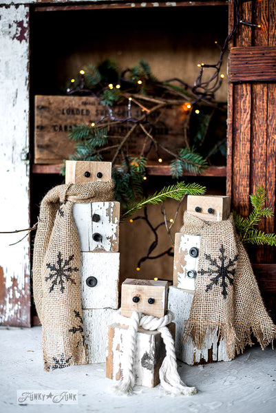 Creating burlap scarves with snowflakes with Winter Graphics by Funky Junk's Old Sign Stencils. Paint professional looking winter themed designs consisting of 3 sizes of snowflakes, hot cocoa, 2 arrows, and 25 cents this stencil! All designs on one sheet.