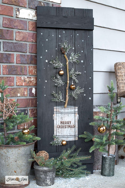 The Christmas Tree Seedling stencil features a Christmas tree seedling planted in a tin can, including a sign reading "Tree Farm Seedlings, 2.50 Each". This Christmas tree stencil features natural sparse branches attached to a woodsy stem, making decorating the tree so versatile! Makes the perfect Christmas porch sign!