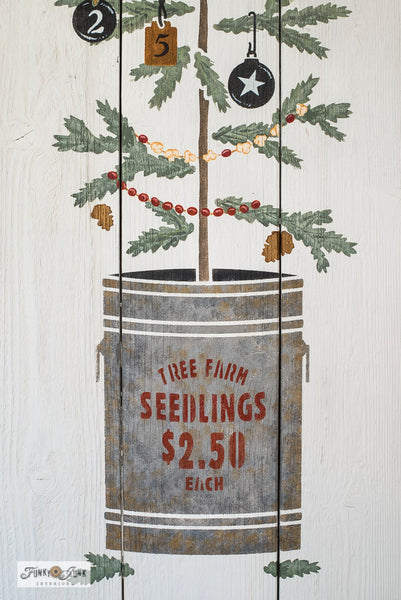 The Christmas Tree Seedling stencil features a Christmas tree seedling planted in a tin can, including a sign reading "Tree Farm Seedlings, 2.50 Each". This Christmas tree stencil features natural sparse branches attached to a woodsy stem, making decorating the tree so versatile! Makes the perfect Christmas porch sign!