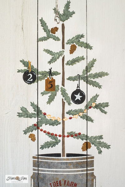 The Christmas Tree Seedling stencil features a Christmas tree seedling planted in a tin can, including a sign reading "Tree Farm Seedlings, 2.50 Each". This Christmas tree stencil features natural sparse branches attached to a woodsy stem, making decorating the tree so versatile! Makes the perfect Christmas porch sign!